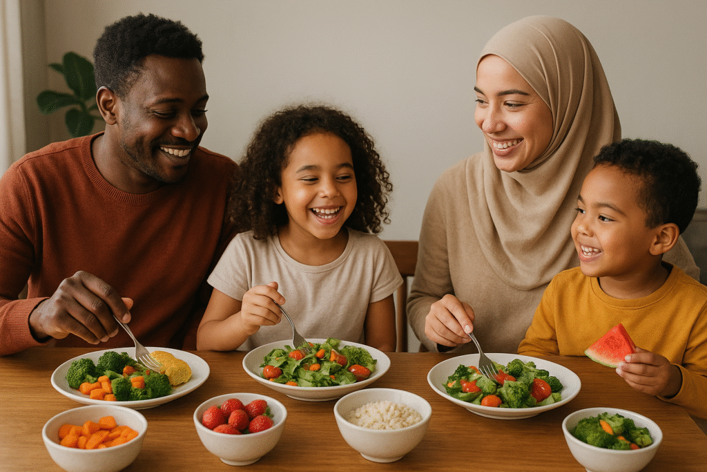 Immigrant family sharing a meal, representing CalFresh eligibility for non-citizens.