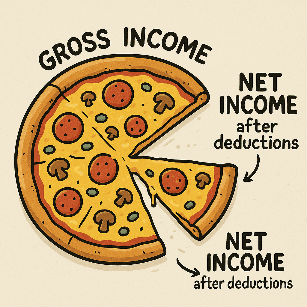 Pizza cartoon explaining SNAP gross vs net income