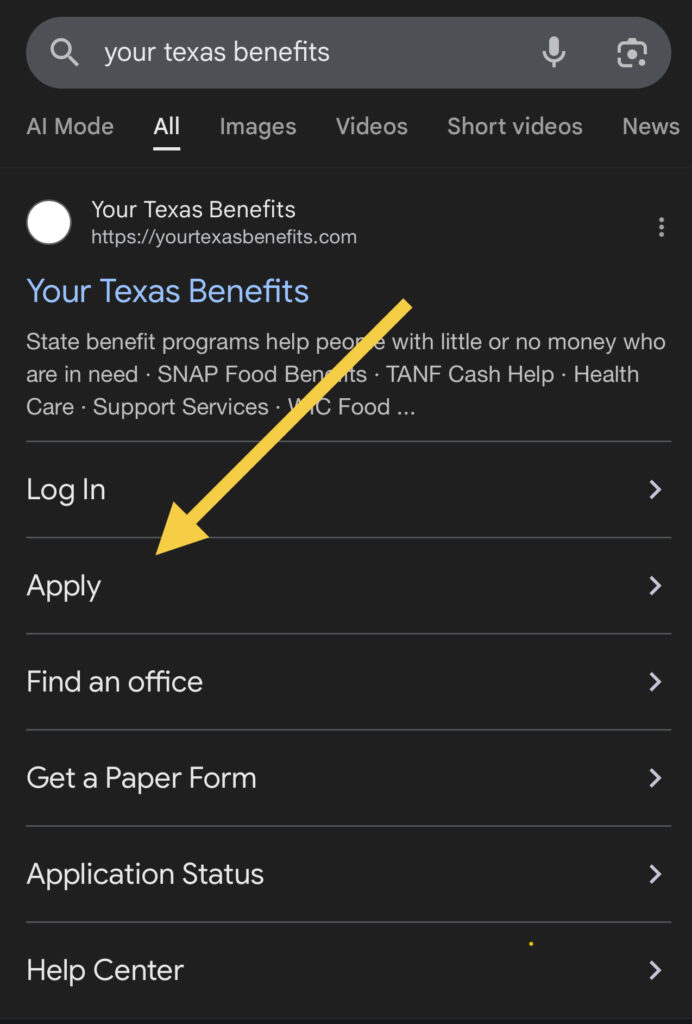 Homepage of YourTexasBenefits.com SNAP application site