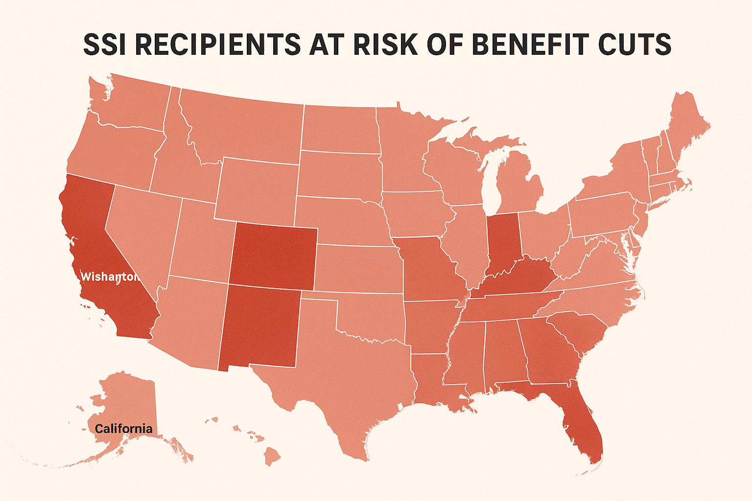Map of the United States showing states most affected by proposed SSI benefit cuts.