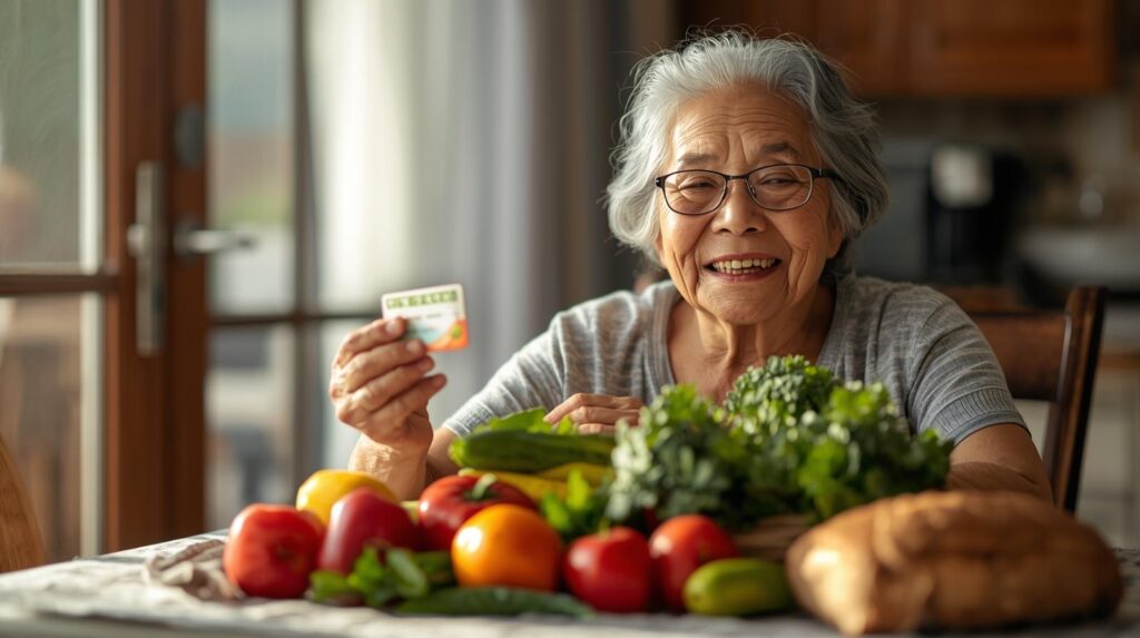 Elderly woman with groceries and an EBT card in Missouri.