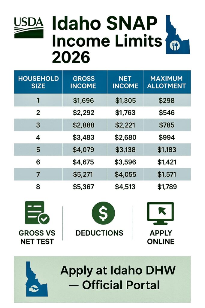 Idaho SNAP Income Limits 2026 infographic with income chart, benefit amounts, and application steps