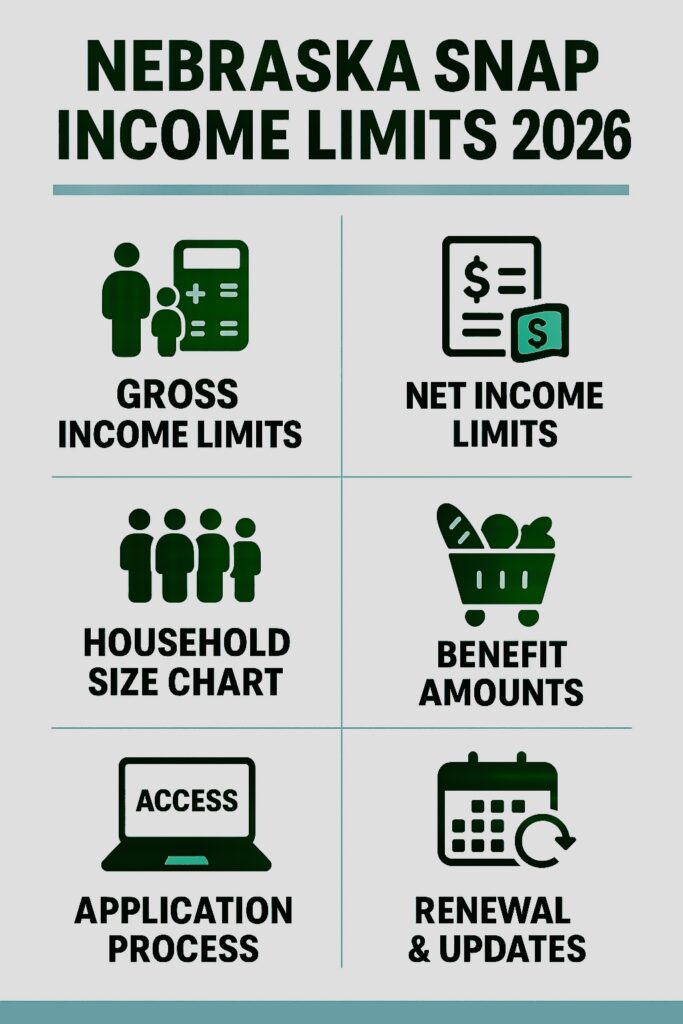 Nebraska SNAP Income Limits 2026 infographic showing household size, income thresholds, and benefits guide.