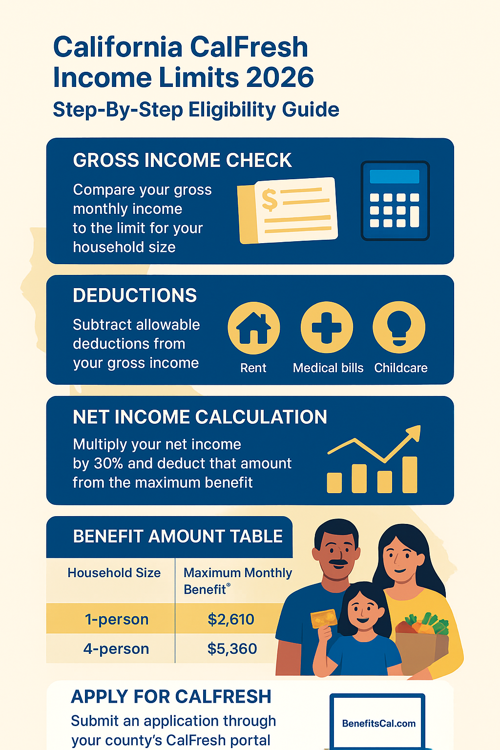 California CalFresh Income Limits 2026 infographic showing income chart, deductions, and eligibility guide for SNAP benefits.
