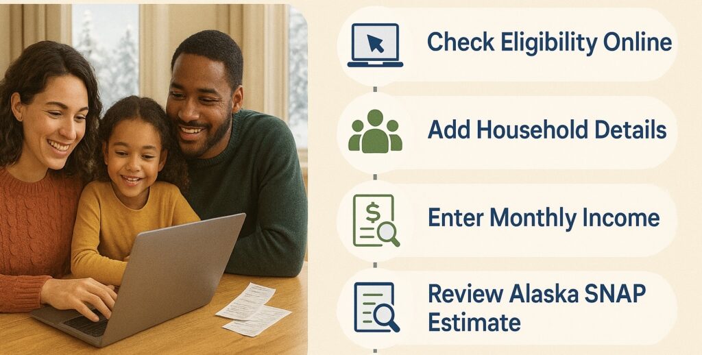 Alaska SNAP Eligibility Calculator 2025 steps with a family checking food stamp eligibility online.