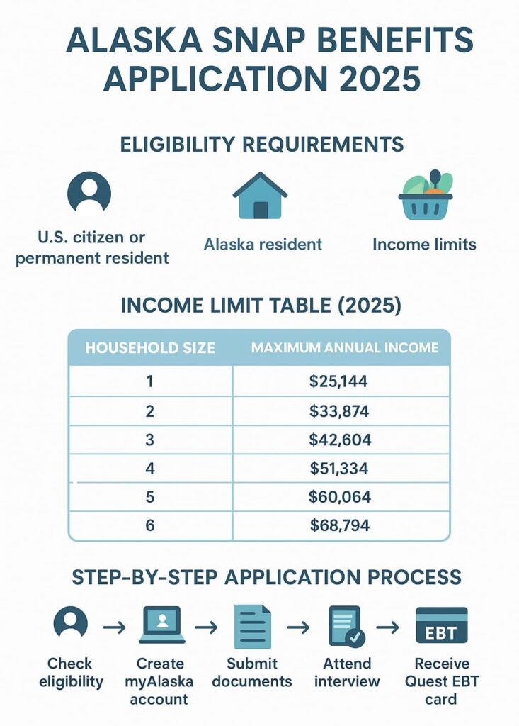 Alaska SNAP Benefits 2025 infographic showing eligibility, income limits, and step-by-step online application process.