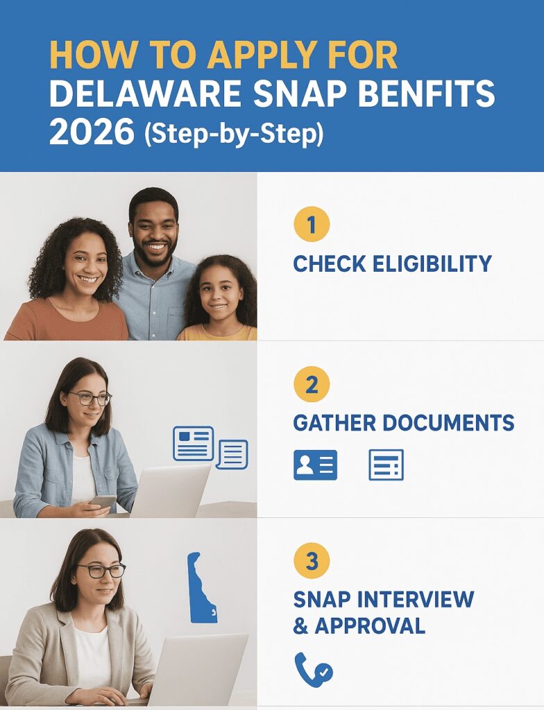 Real-life infographic showing Delaware SNAP Benefits Application 2026 steps — how to apply online, documents needed, and get Delaware EBT Food First card.