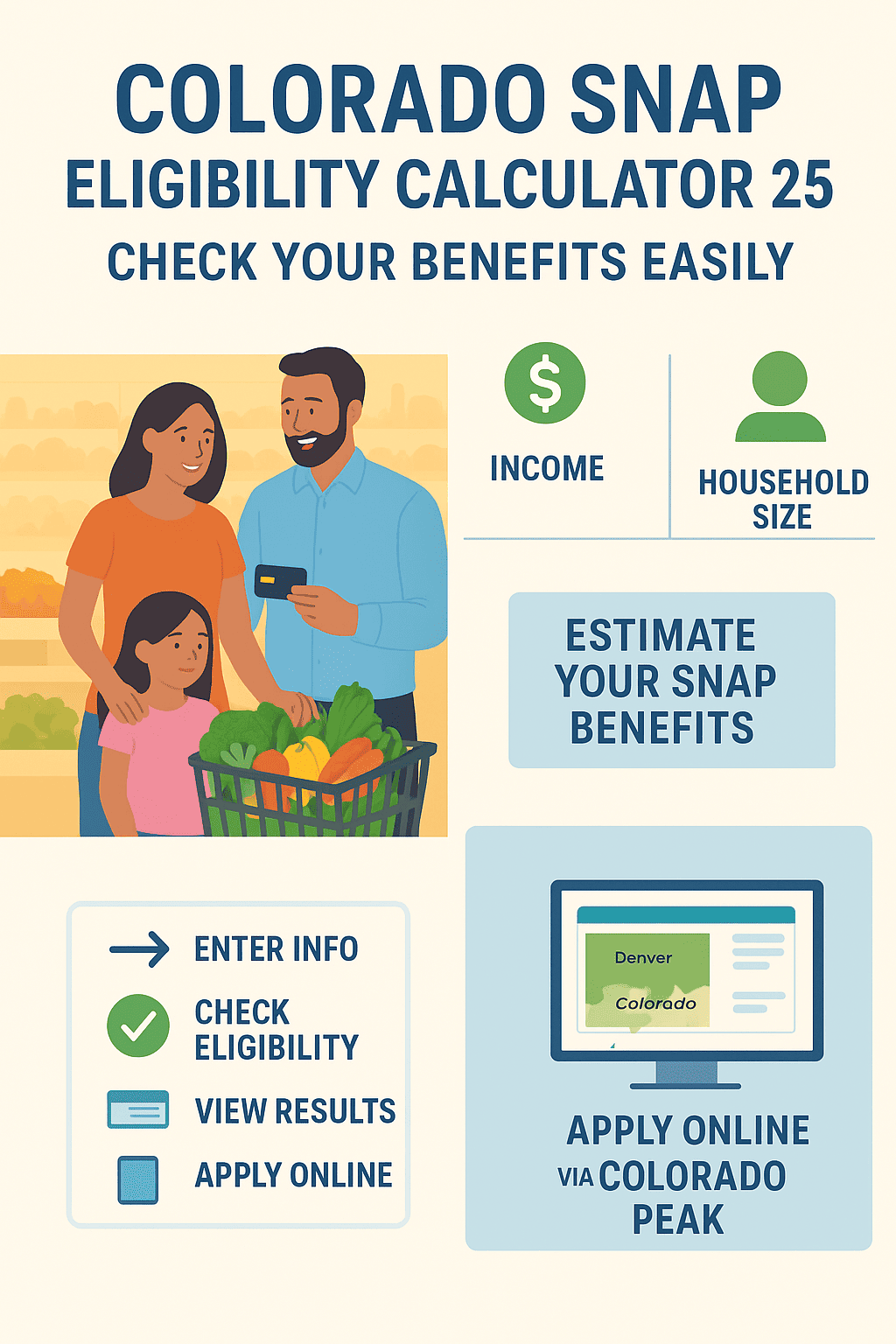 Colorado family using SNAP eligibility calculator 2025 to check food assistance benefits, with income chart, grocery scene, and Colorado map.