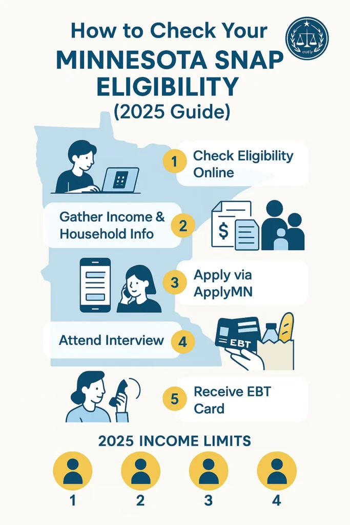 Infographic showing how to check Minnesota SNAP eligibility and income limits in 2025.