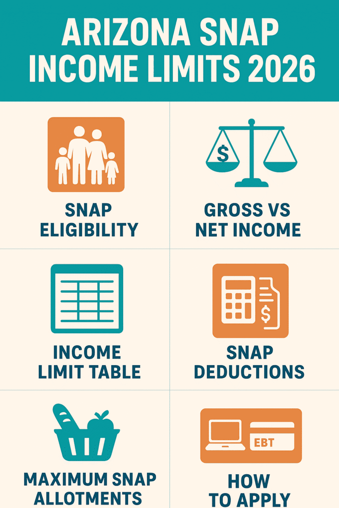 Arizona SNAP Income Limits 2026 infographic showing gross and net income rules, deductions, allotments, and application steps with icons and charts.