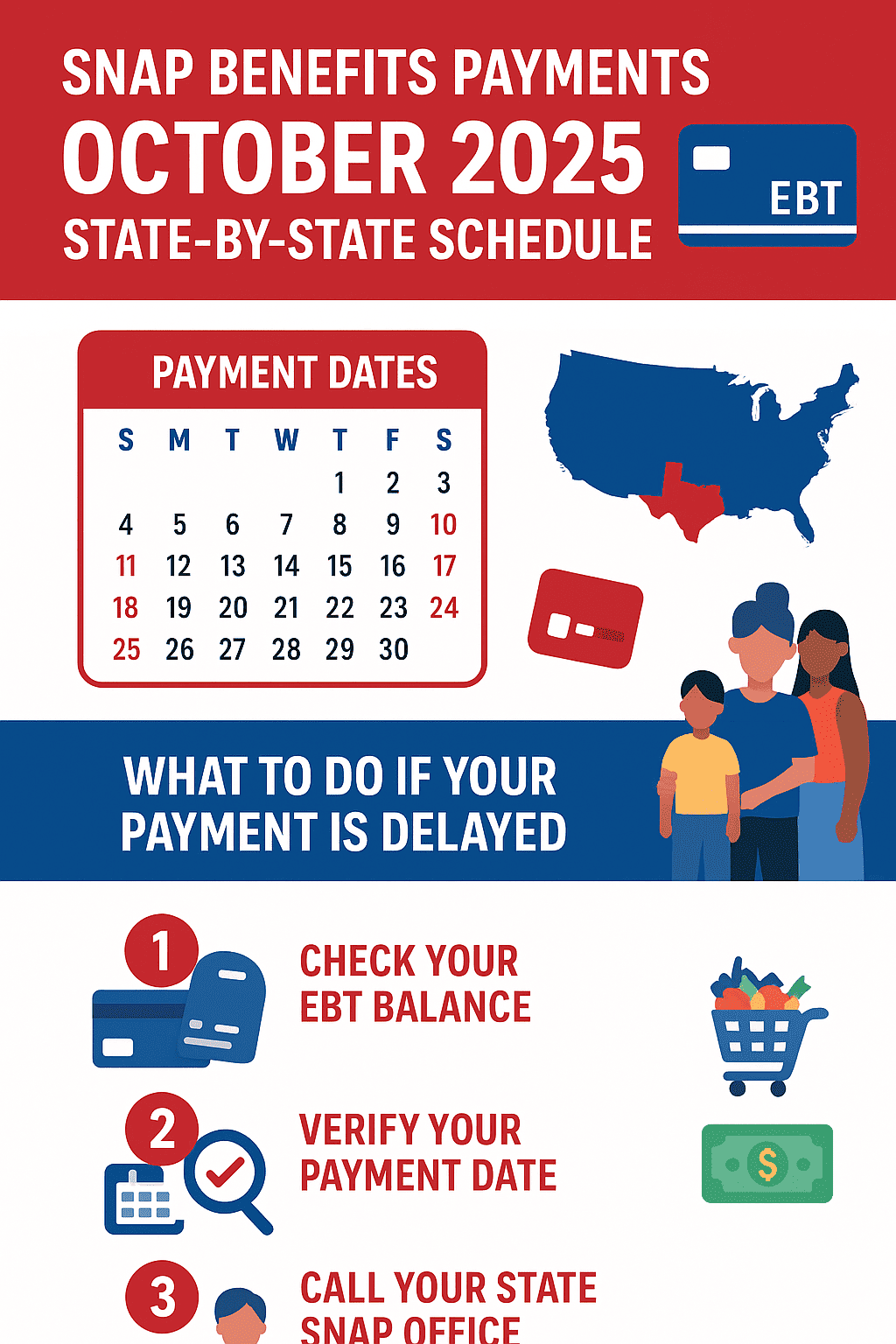 SNAP benefits payments October 2025 full state-by-state EBT schedule infographic with calendar and USA map.