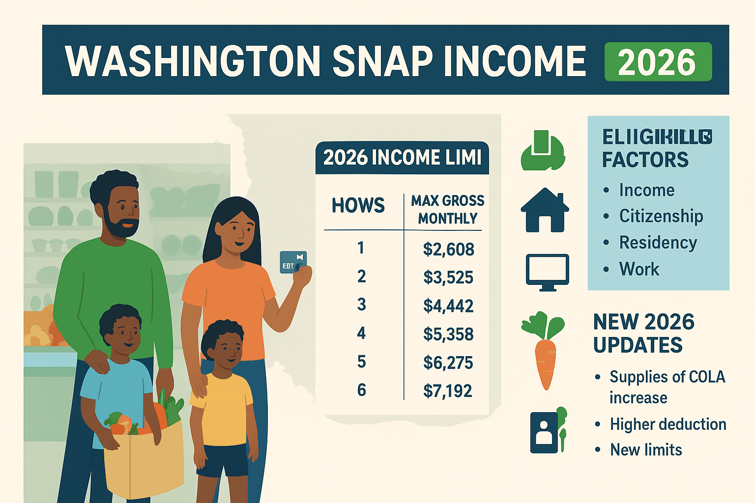 Washington SNAP Income Limits 2026 infographic showing income chart, eligibility rules, and application steps for Basic Food program in Washington.