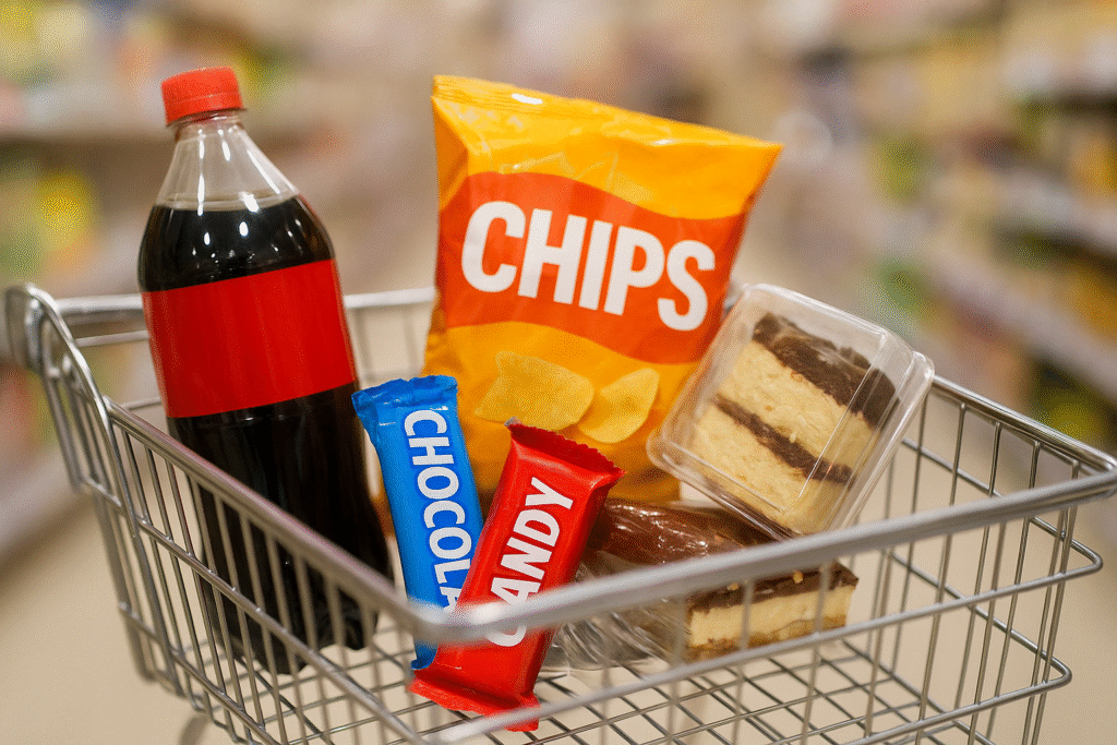 Shopping cart filled with soda, chips, candy, and desserts representing junk food restricted under SNAP in 2026.