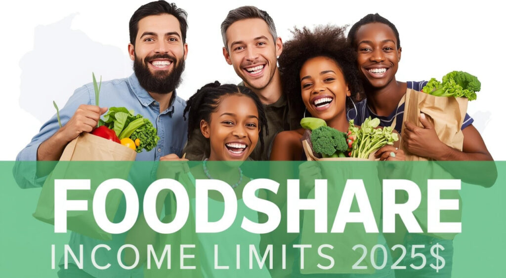 Wisconsin family holding groceries with FoodShare 2025 income limits text.